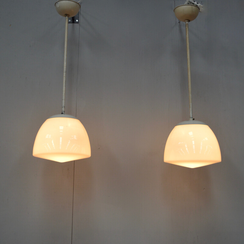 Pair of vintage opaline glass hanging lamps by Gispen, Netherlands 1930