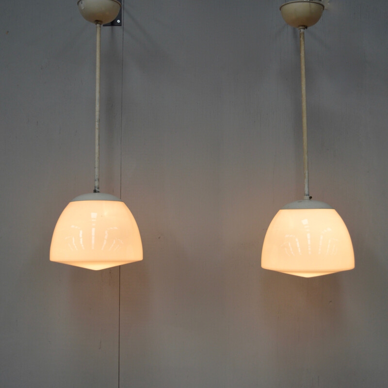 Pair of vintage opaline glass hanging lamps by Gispen, Netherlands 1930