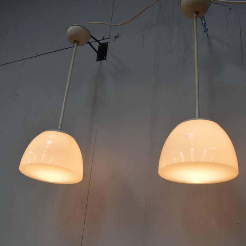 Pair of vintage opaline glass hanging lamps by Gispen, Netherlands 1930