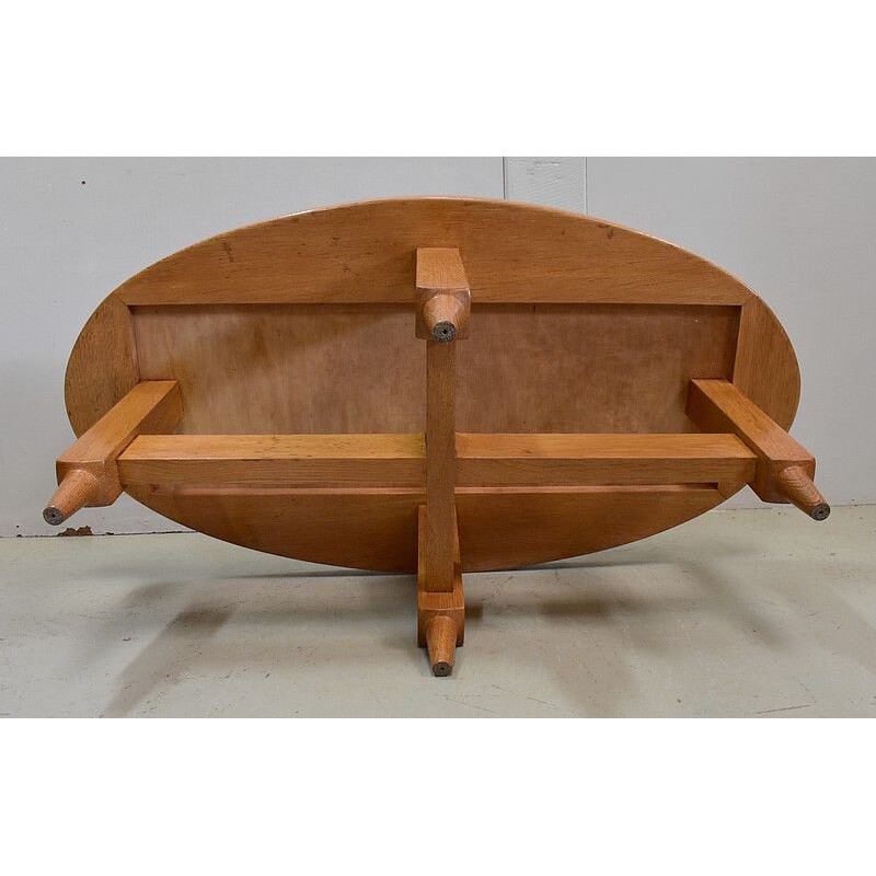 Vintage solid oak coffee table by R. Guillerme and J. Chambron, 1960