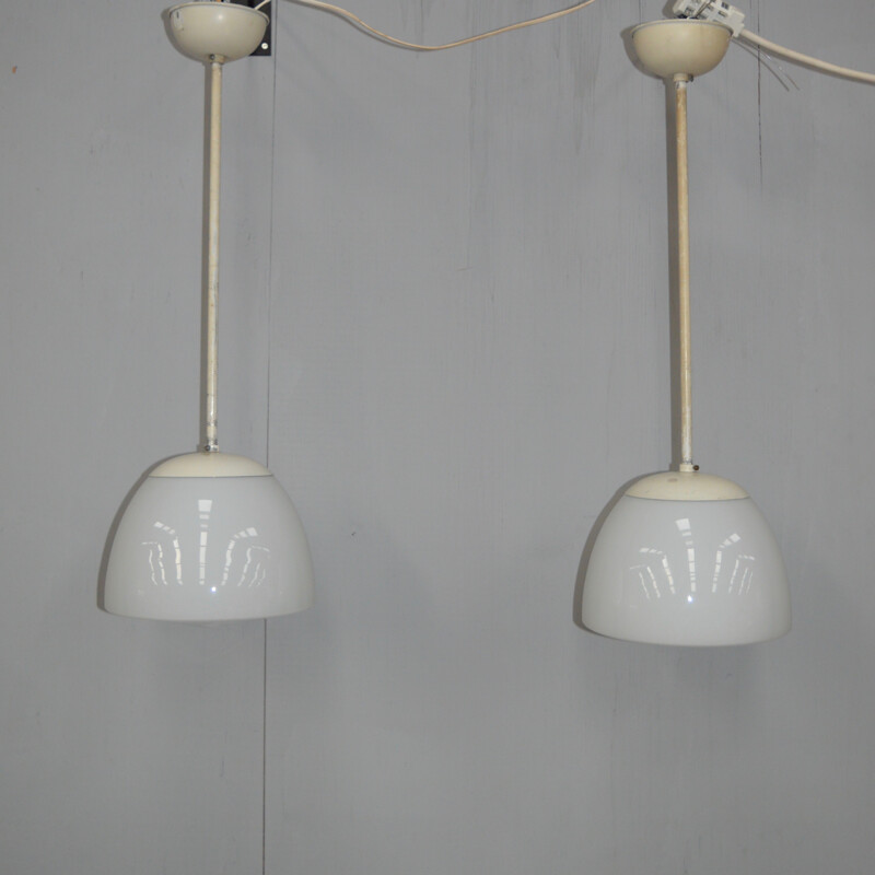 Paar vintage opaline glazen hanglampen van Gispen, Nederland 1930