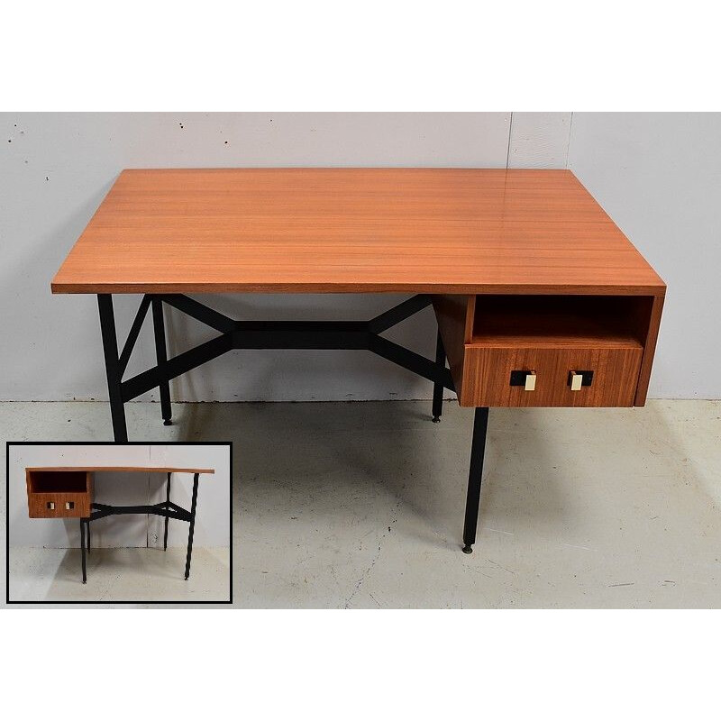 Vintage teak veneer double desk de Gérard Guermonprez, 1950