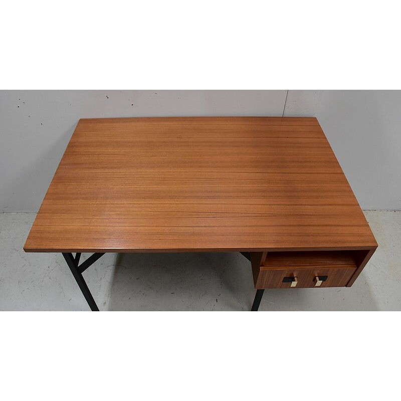 Vintage teak veneer double desk de Gérard Guermonprez, 1950