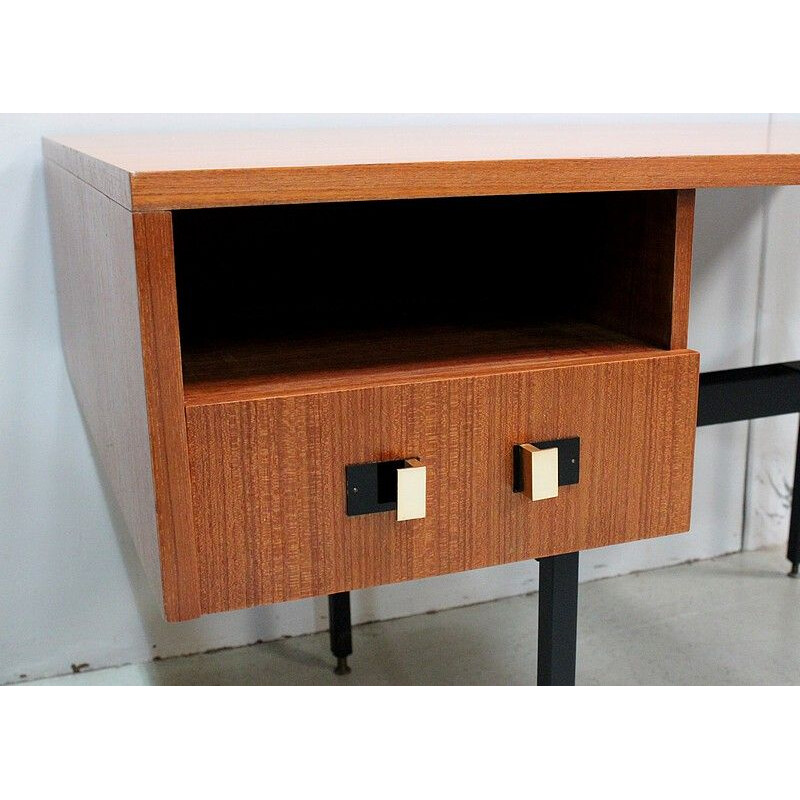 Vintage double desk in teak veneer by Gérard Guermonprez, 1950