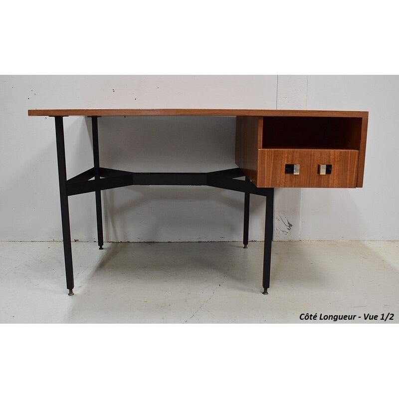 Vintage double desk in teak veneer by Gérard Guermonprez, 1950