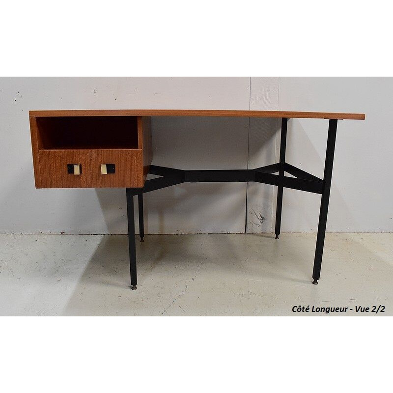 Vintage double desk in teak veneer by Gérard Guermonprez, 1950