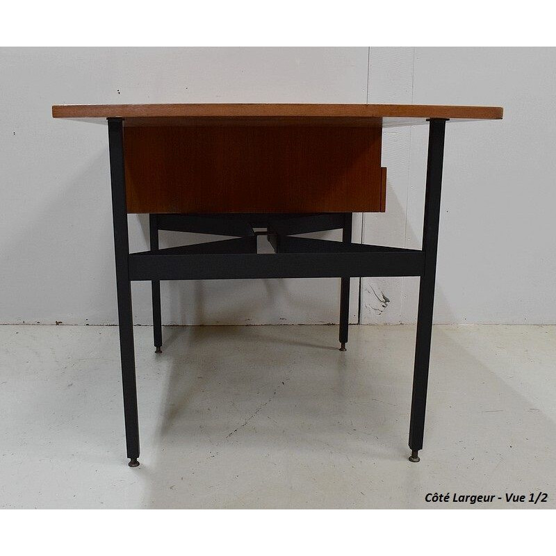 Vintage teak veneer double desk de Gérard Guermonprez, 1950