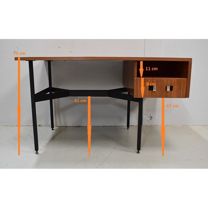 Bureau double vintage en placage de teck par Gérard Guermonprez, 1950