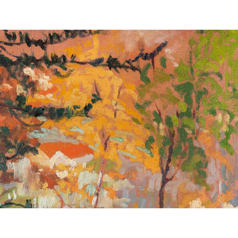 Óleo vintage sobre lienzo "Bosque en otoño", 1935