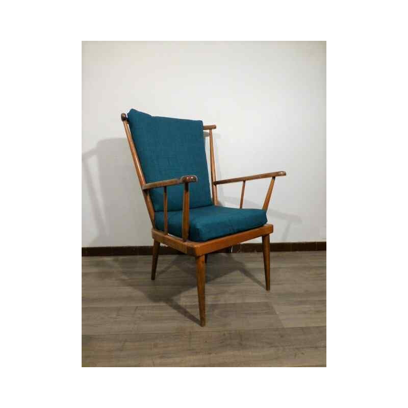 Vintage Baumann chair in wood and blue fabric - 1960s