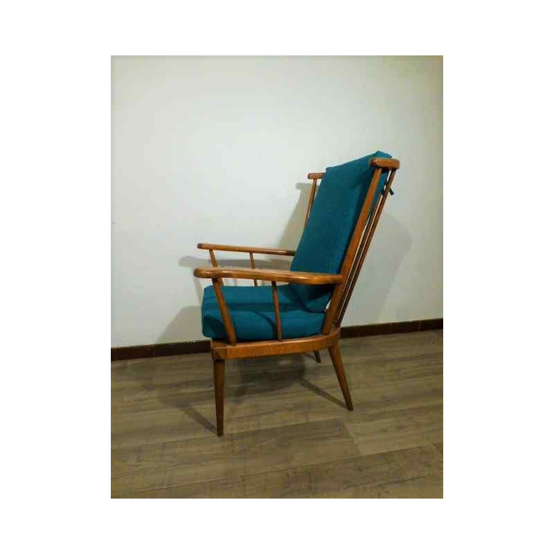 Vintage Baumann chair in wood and blue fabric - 1960s