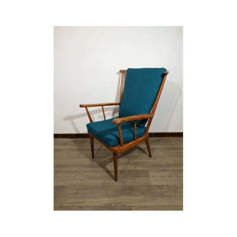 Vintage Baumann chair in wood and blue fabric - 1960s