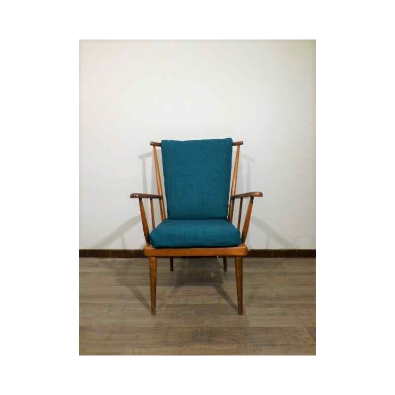 Vintage Baumann chair in wood and blue fabric - 1960s