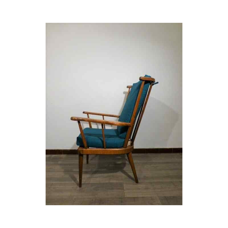 Vintage Baumann chair in wood and blue fabric - 1960s