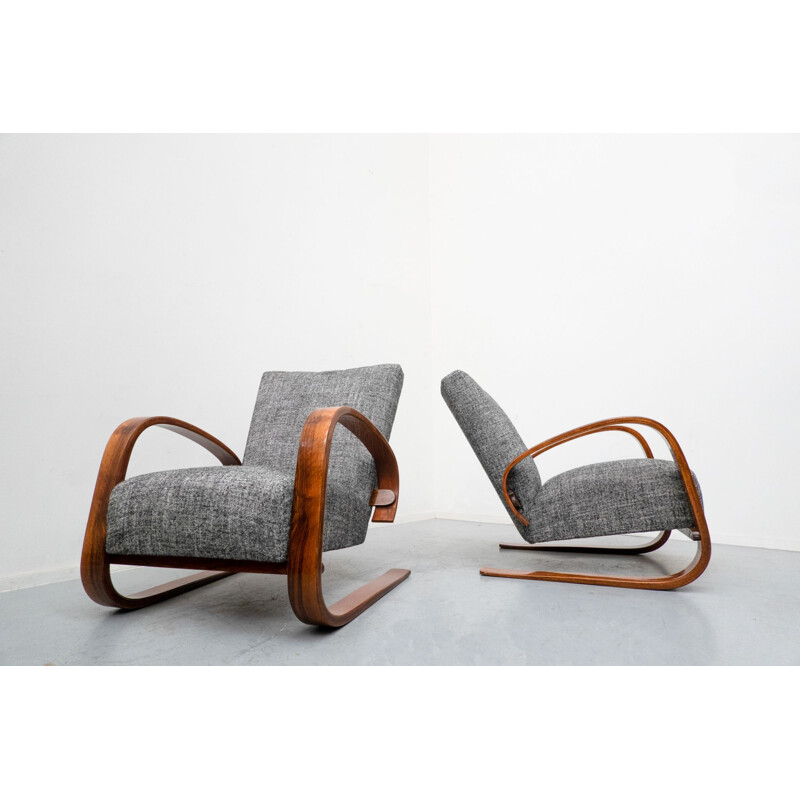 Pair of vintage grey armchairs in walnut by Miroslav Navratil, 1930s