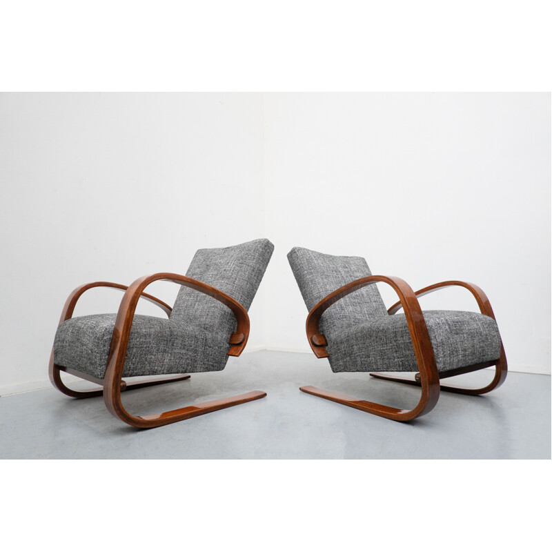 Pair of vintage grey armchairs in walnut by Miroslav Navratil, 1930s