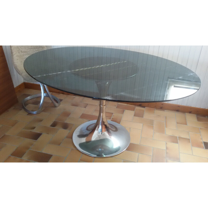Table with tulip base in chrome and gray glass - 1970s