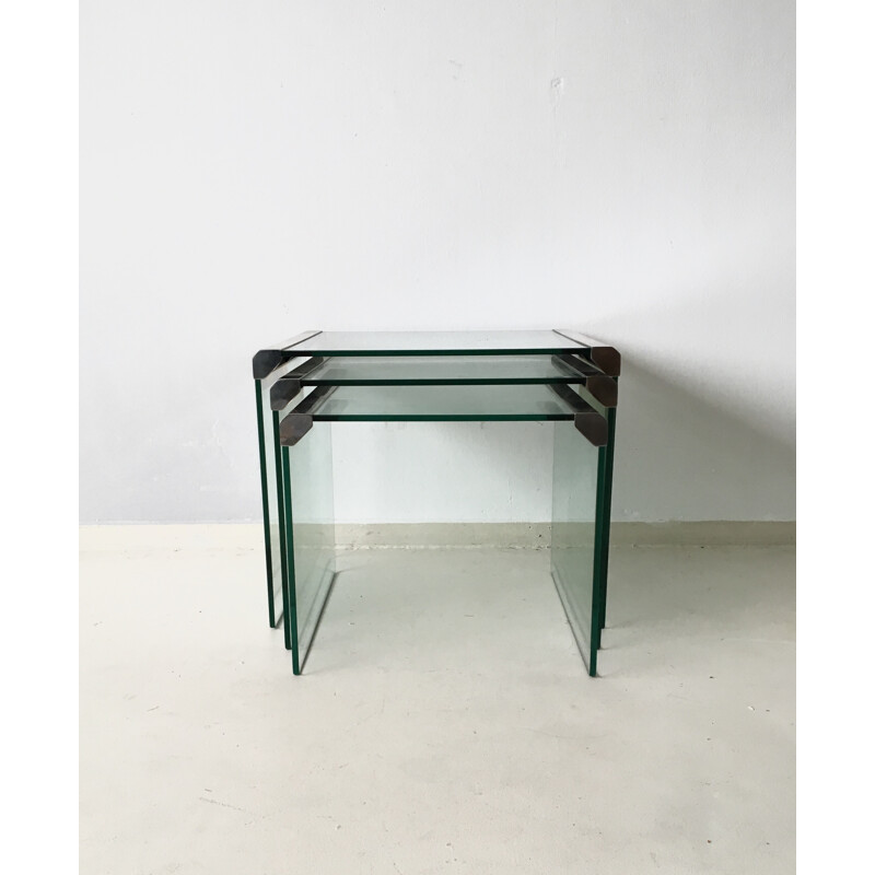 Set of 3 "T35" nesting tables in glass, GALLOTTI & RADICE - 1970s