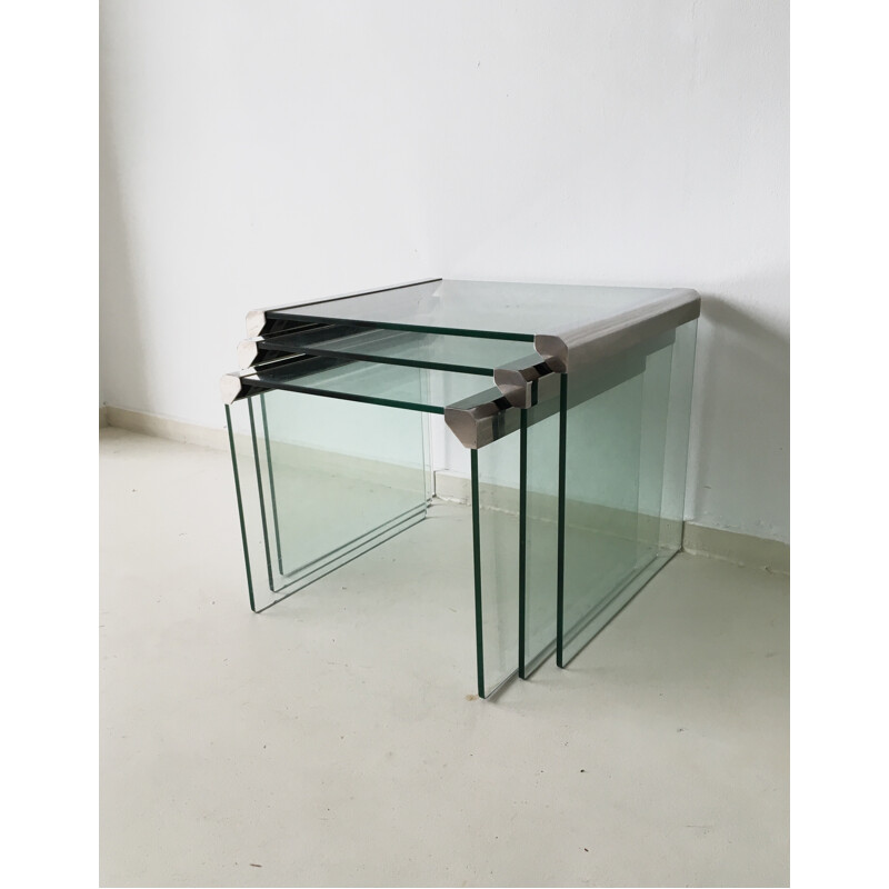 Set of 3 "T35" nesting tables in glass, GALLOTTI & RADICE - 1970s