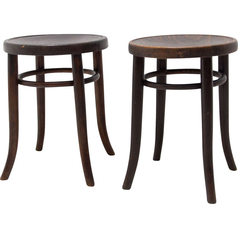 Pair of vintage Thonet beechwood stools, Czechoslovakia 1920s