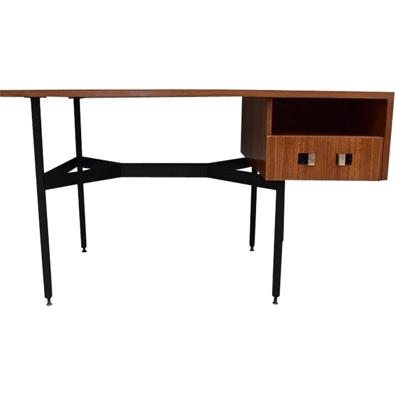 Vintage double desk in teak veneer by Gérard Guermonprez, 1950