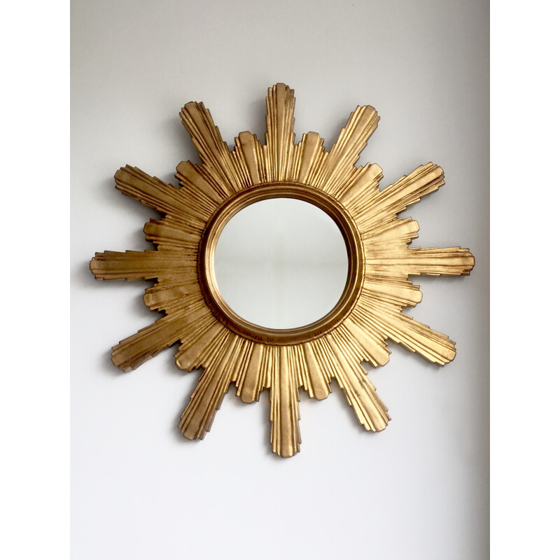 Large carved wooden sunburst mirror - 1960s