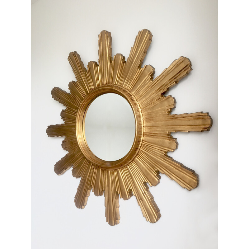 Large carved wooden sunburst mirror - 1960s