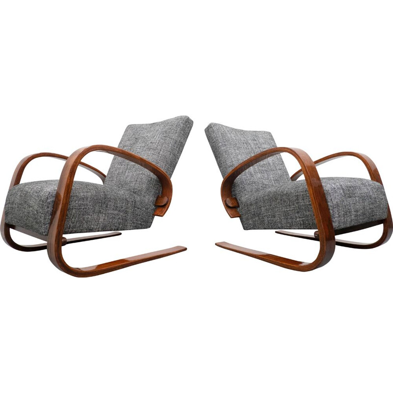 Pair of vintage grey armchairs in walnut by Miroslav Navratil, 1930s