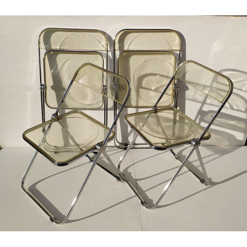 Conjunto de 4 cadeiras Plia amarelas vintage por Anonima Castelli