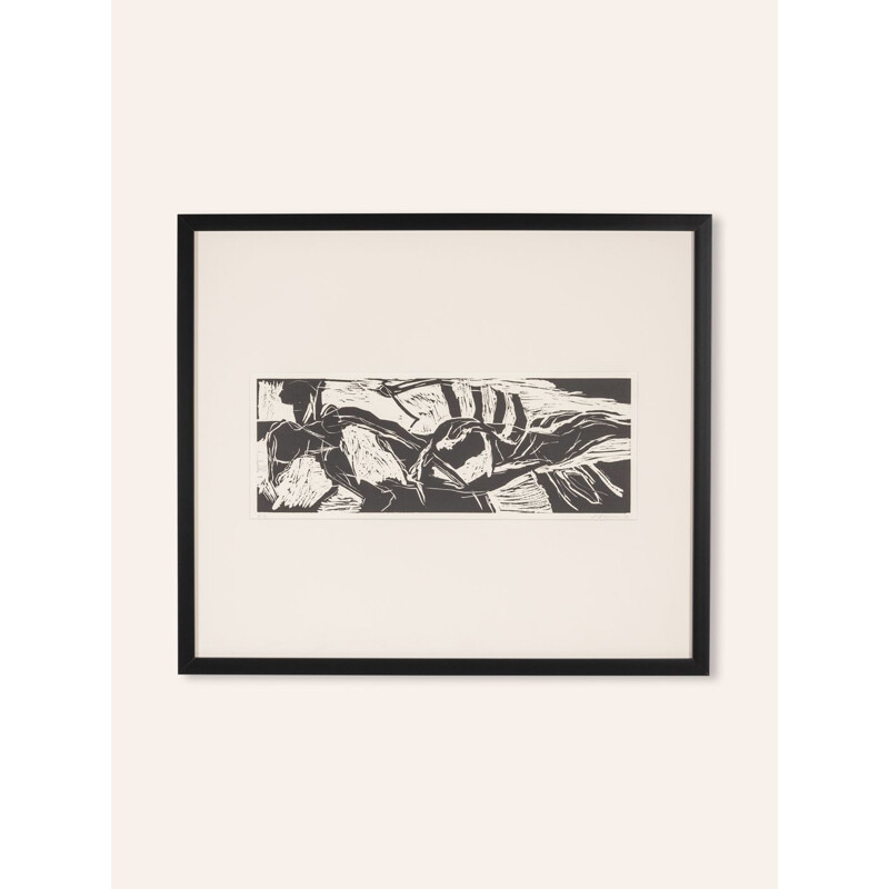 Vintage woodcut "Sports" on heavy paper by Detlef Hagenbaumer, 1997