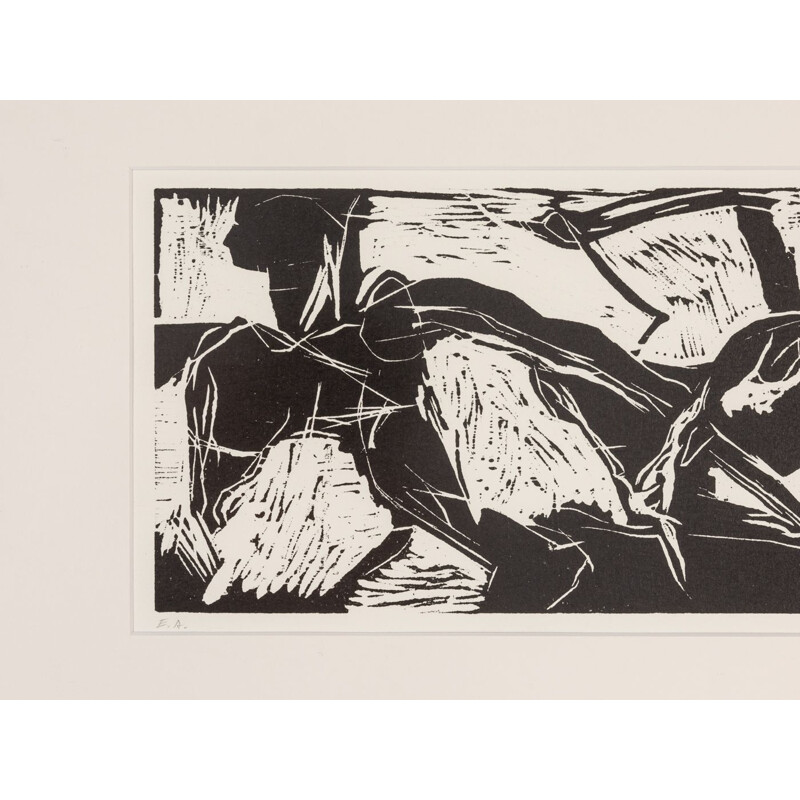 Vintage woodcut "Sports" on heavy paper by Detlef Hagenbaumer, 1997