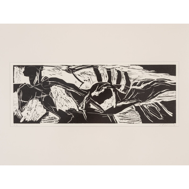 Vintage woodcut "Sports" on heavy paper by Detlef Hagenbaumer, 1997