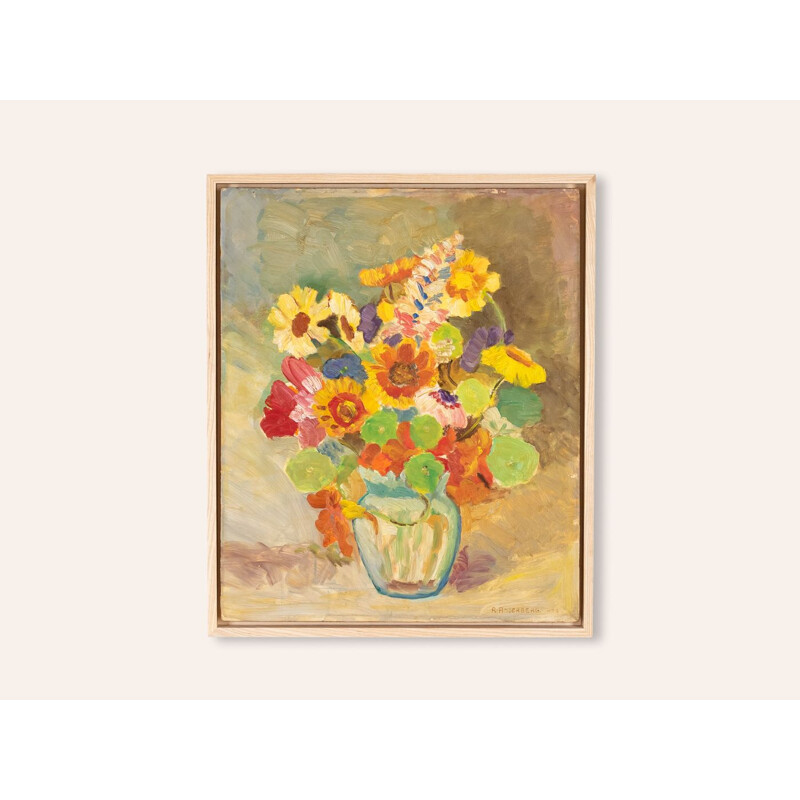 Vintage Acryl "Frühlingsblumen" auf Platte von R. Anderberg, 1938