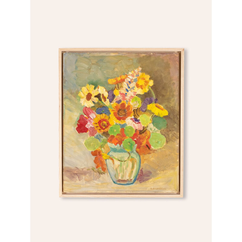 Acrílico vintage "Flores de primavera" sobre placa de R. Anderberg, 1938