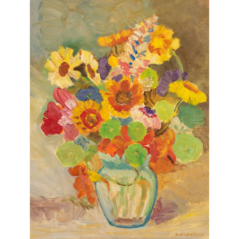 Vintage Acryl "Frühlingsblumen" auf Platte von R. Anderberg, 1938