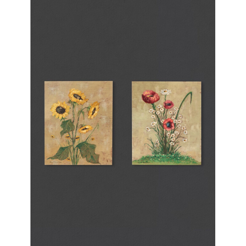 Paire d'huiles sur plaque vintage "Coquelicots et fleurs du soleil", 1960