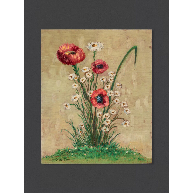 Pair of vintage oil on plate "Poppies and sun flowers", 1960