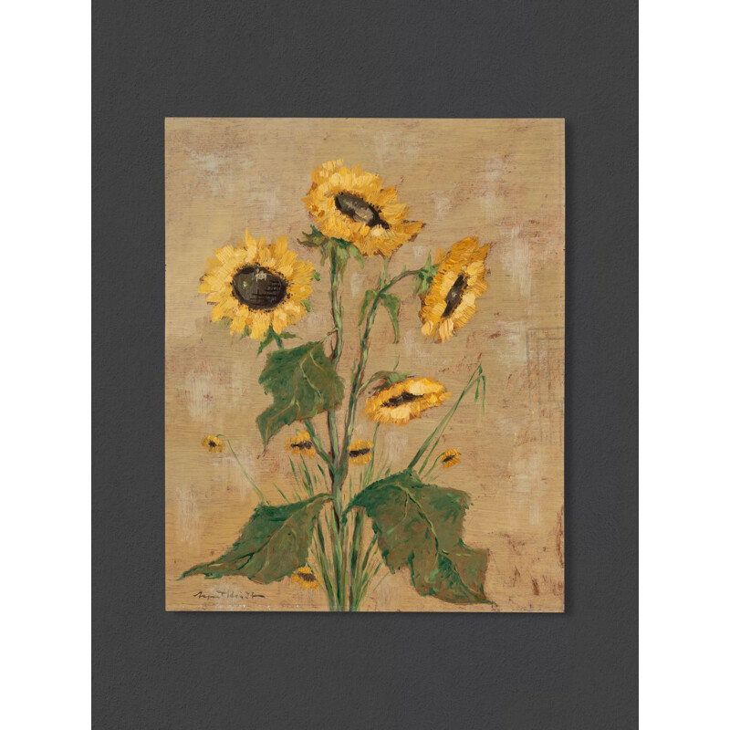 Pair of vintage oil on plate "Poppies and sun flowers", 1960