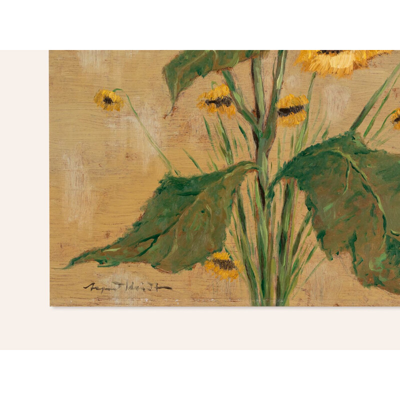 Pair of vintage oil on plate "Poppies and sun flowers", 1960