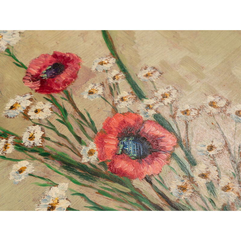 Pair of vintage oil on plate "Poppies and sun flowers", 1960
