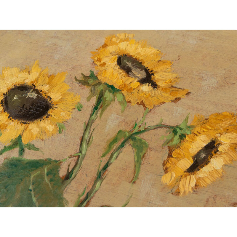 Pair of vintage oil on plate "Poppies and sun flowers", 1960