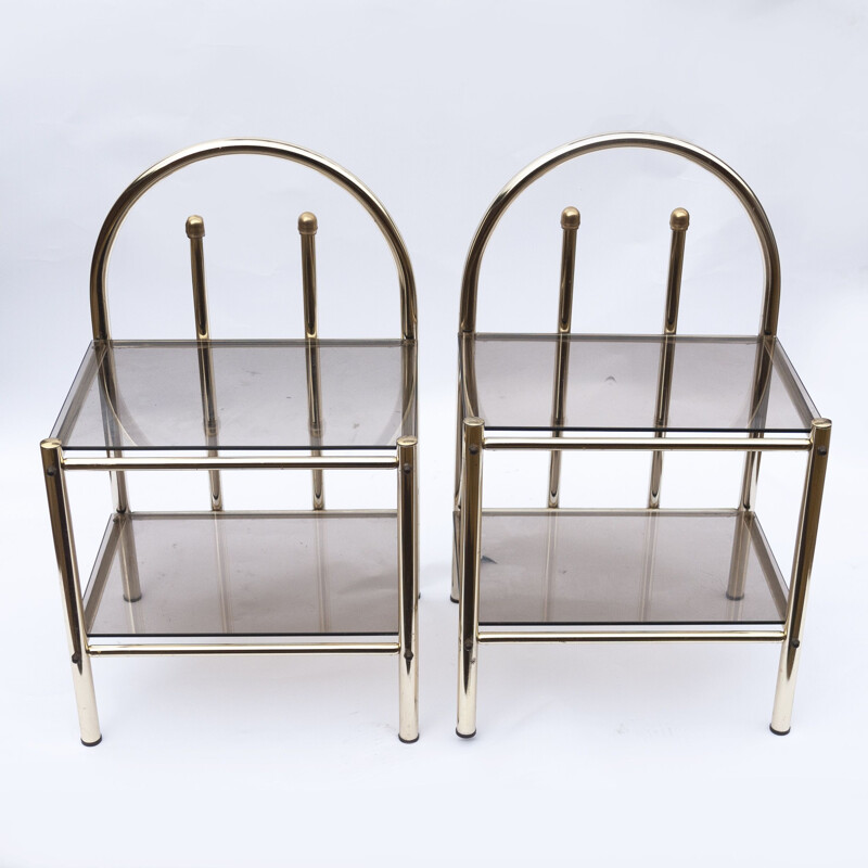 Pair of vintage brass and smoked glass bedside tables, 1980