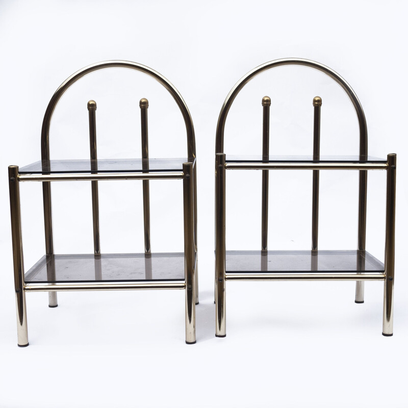 Pair of vintage brass and smoked glass bedside tables, 1980