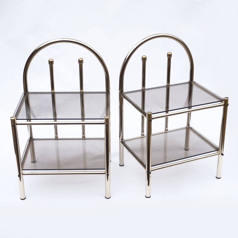 Pair of vintage brass and smoked glass bedside tables, 1980
