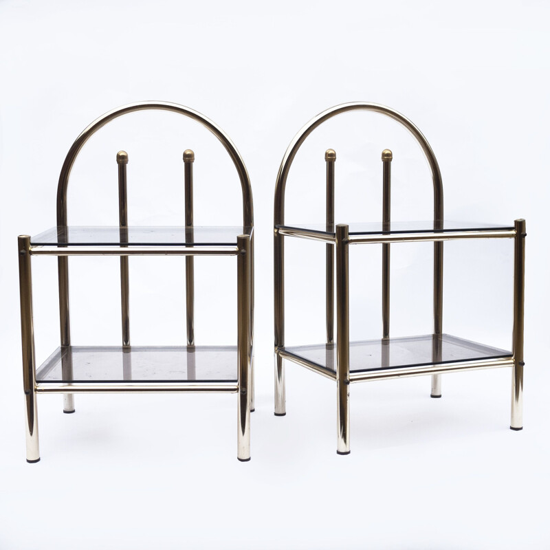 Pair of vintage brass and smoked glass bedside tables, 1980