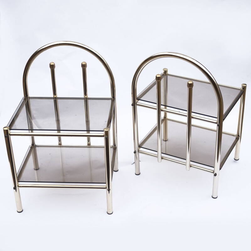 Pair of vintage brass and smoked glass bedside tables, 1980