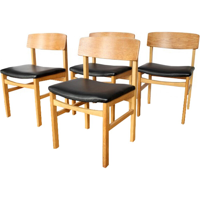 Ensemble de 4 chaises à repas en chêne et simili cuir noir - 1960