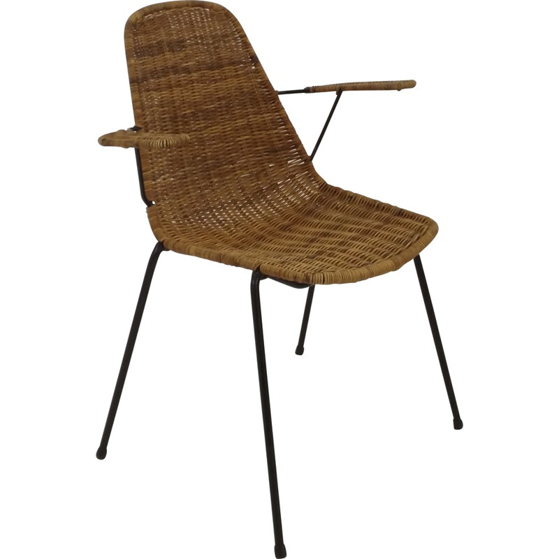 Desk chair with armrests in rattan and metal - 1950s