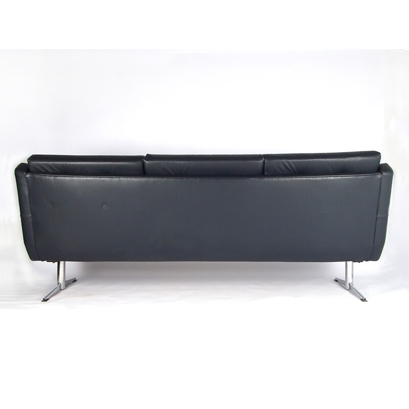 Mid-century 3 seater sofa in blue leather and chromed metal - 1960s