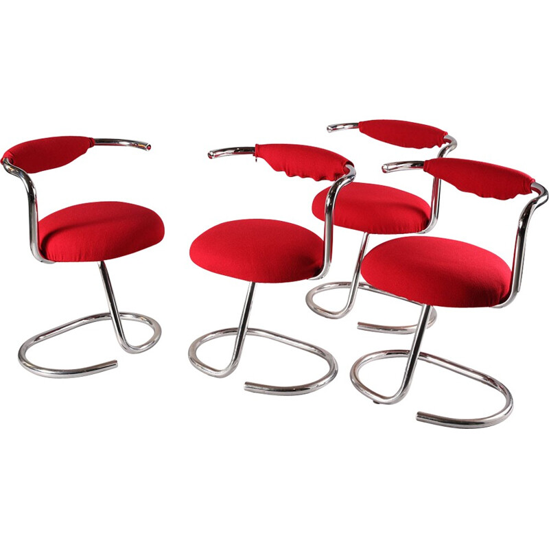 Set of 4 red chairs in chromed metal, Giotto STOPPINO - 1970s